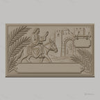 Fichier CNC & impression 3D Jésus entrant à Jérusalem, relief avec âne, palmiers et ville ancienne, haute qualité relief STL