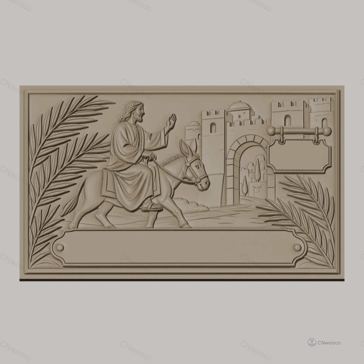 Fichier CNC & impression 3D Jésus entrant à Jérusalem, relief avec âne, palmiers et ville ancienne, haute qualité relief STL