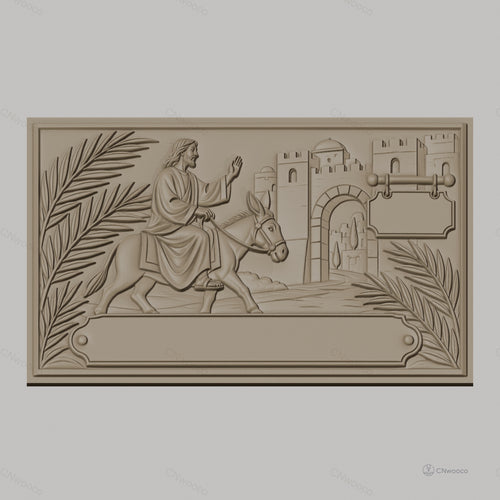 Fichier CNC & impression 3D Jésus entrant à Jérusalem, relief avec âne, palmiers et ville ancienne, haute qualité relief STL