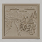 Fichier CNC & impression 3D road trip moto, motard sur route montagne, arbres et ciel, haute qualité relief STL