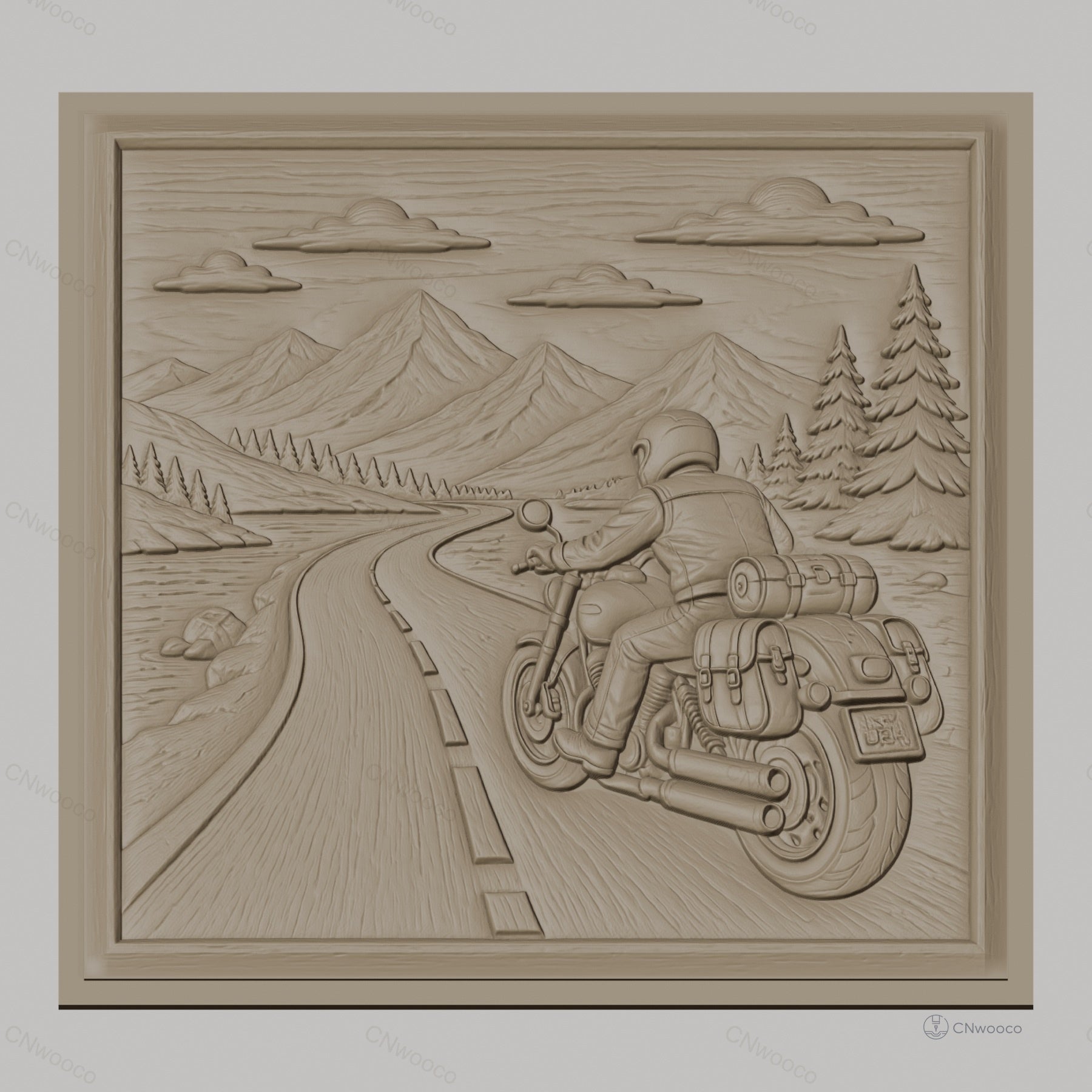 Fichier CNC & impression 3D road trip moto, motard sur route montagne, arbres et ciel, haute qualité relief STL