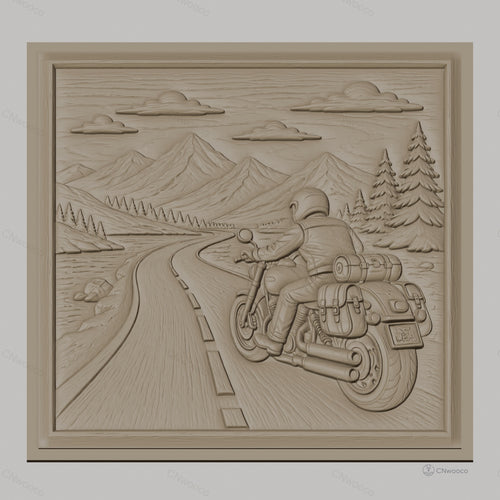 Fichier CNC & impression 3D road trip moto, motard sur route montagne, arbres et ciel, haute qualité relief STL
