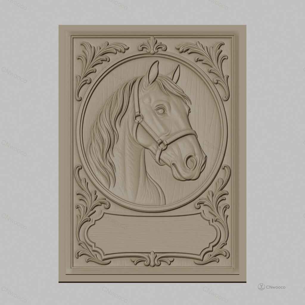 Fichier CNC & impression 3D cheval, tête de cheval avec cadre ornemental, haute qualité relief STL