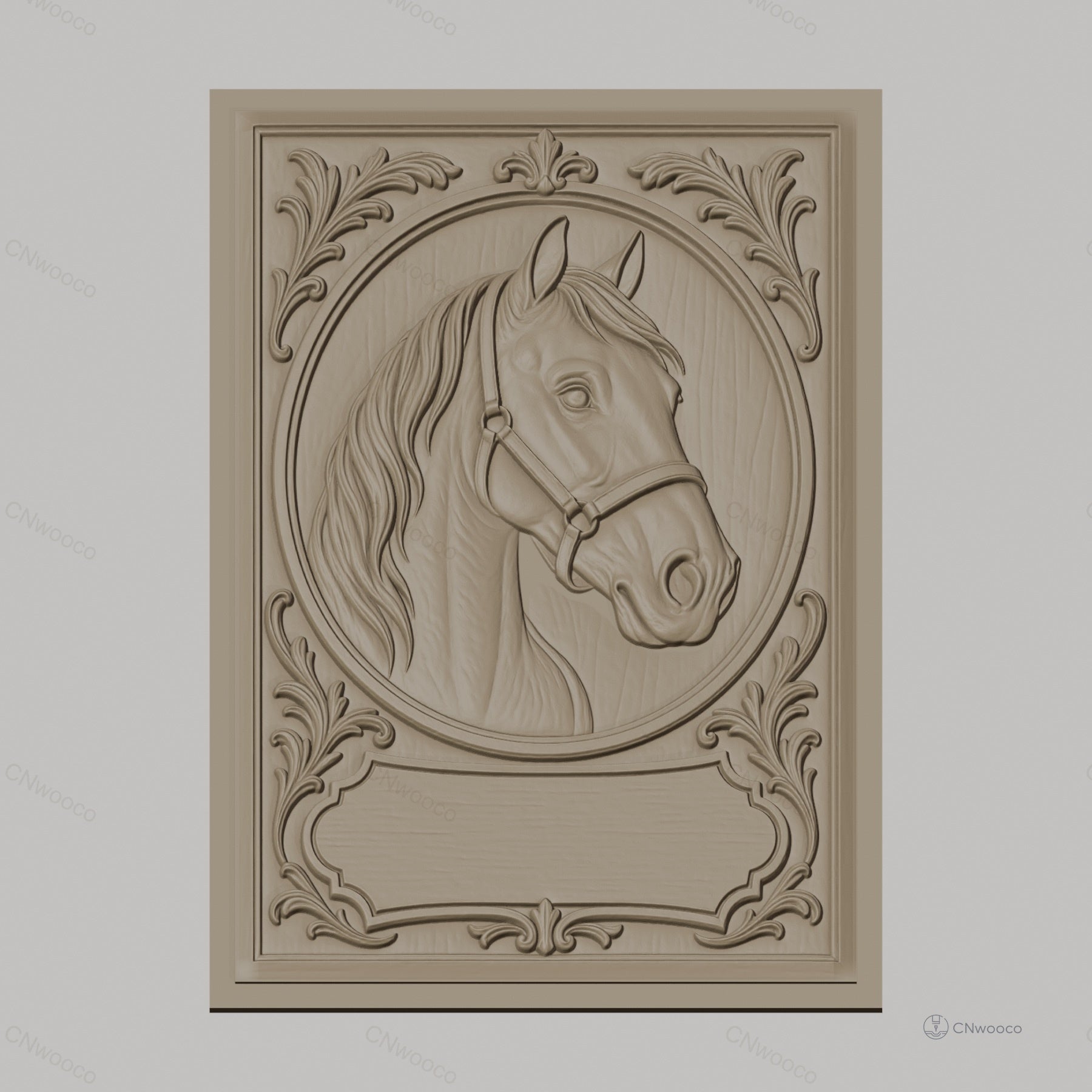 Fichier CNC & impression 3D cheval, tête de cheval avec cadre ornemental, haute qualité relief STL