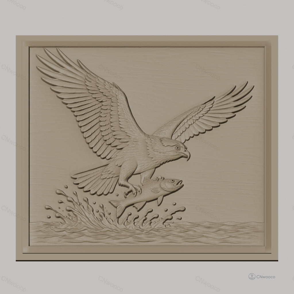 Fichier CNC & impression 3D aigle avec poisson et éclaboussures d'eau, haute qualité relief STL
