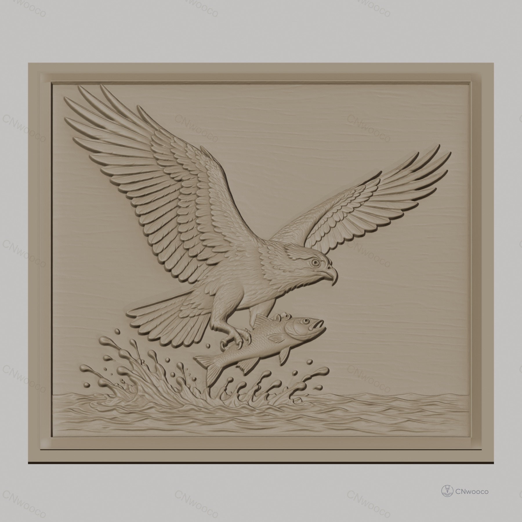 Fichier CNC & impression 3D aigle avec poisson et éclaboussures d'eau, haute qualité relief STL