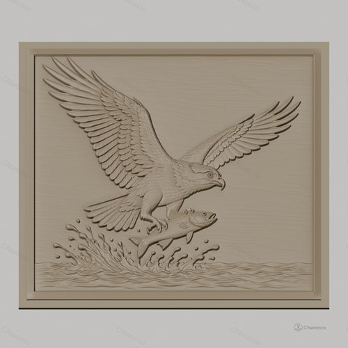 Fichier CNC & impression 3D aigle avec poisson et éclaboussures d'eau, haute qualité relief STL