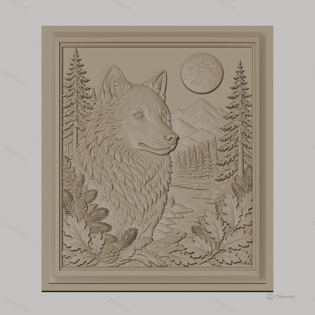 Fichier CNC & impression 3D loup sauvage, paysage nature, montagne, forêt, pleine lune, haute qualité relief STL