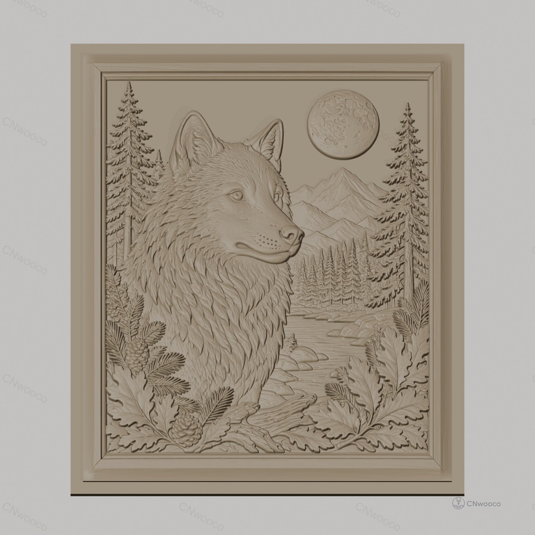 Fichier CNC & impression 3D loup sauvage, paysage nature, montagne, forêt, pleine lune, haute qualité relief STL