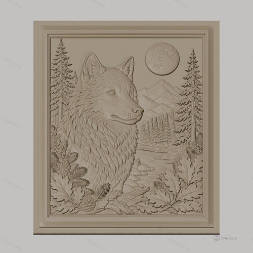 Fichier CNC & impression 3D loup sauvage, paysage nature, montagne, forêt, pleine lune, haute qualité relief STL