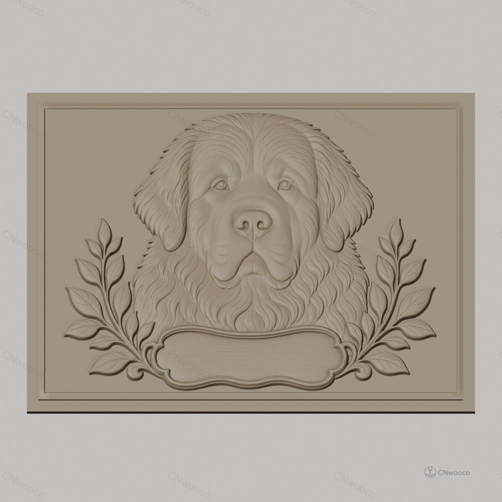 Fichier CNC & impression 3D chien terre-neuve, portrait relief avec feuilles décoratives, haute qualité relief STL