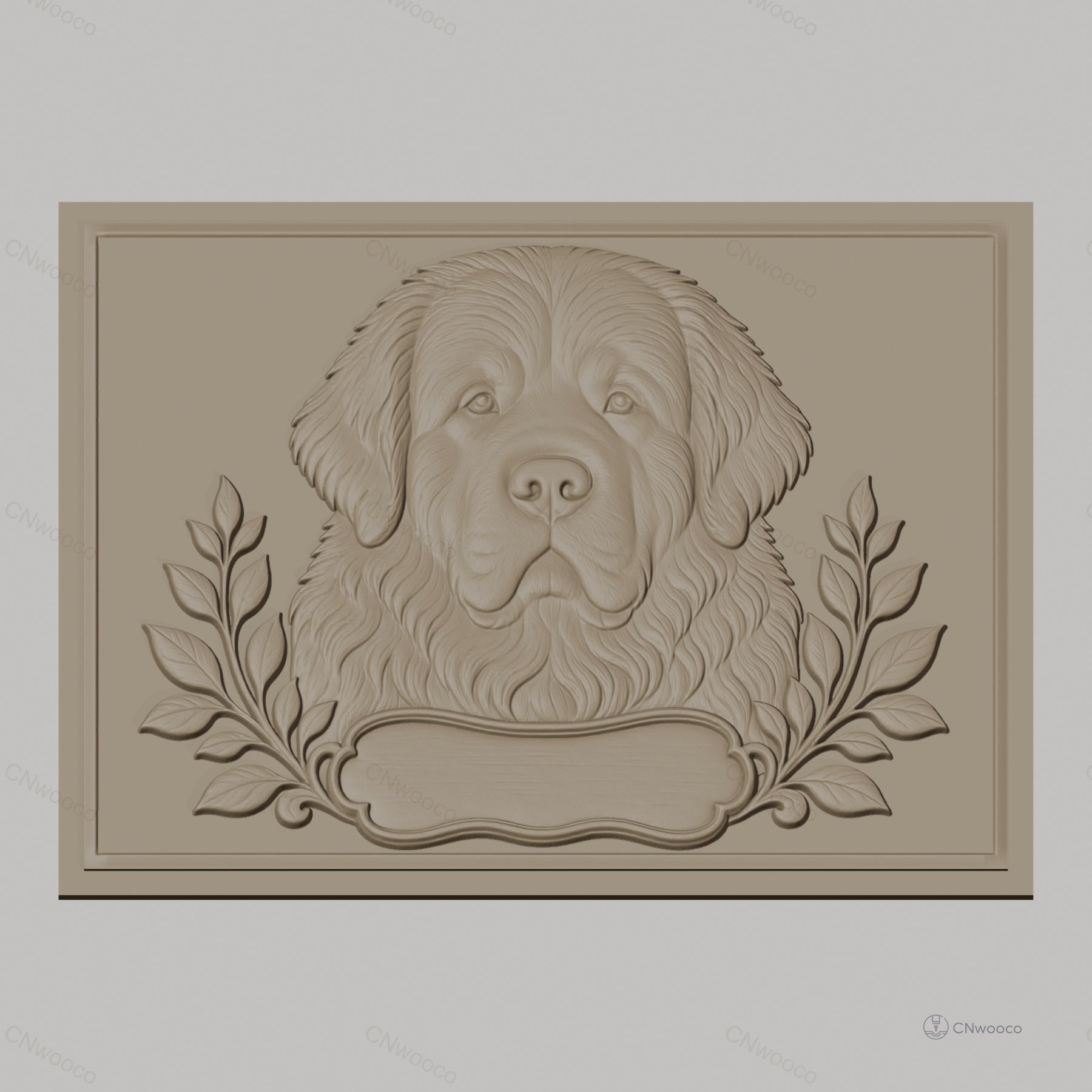 Fichier CNC & impression 3D chien terre-neuve, portrait relief avec feuilles décoratives, haute qualité relief STL