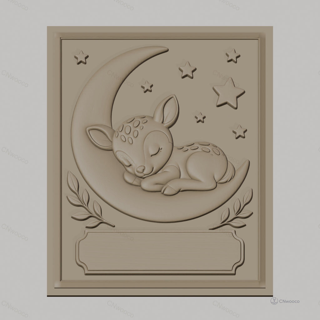 Fichier CNC & impression 3D bébé cerf endormi sur lune avec étoiles, branches décoratives, haute qualité relief STL