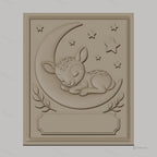 Fichier CNC & impression 3D bébé cerf endormi sur lune avec étoiles, branches décoratives, haute qualité relief STL