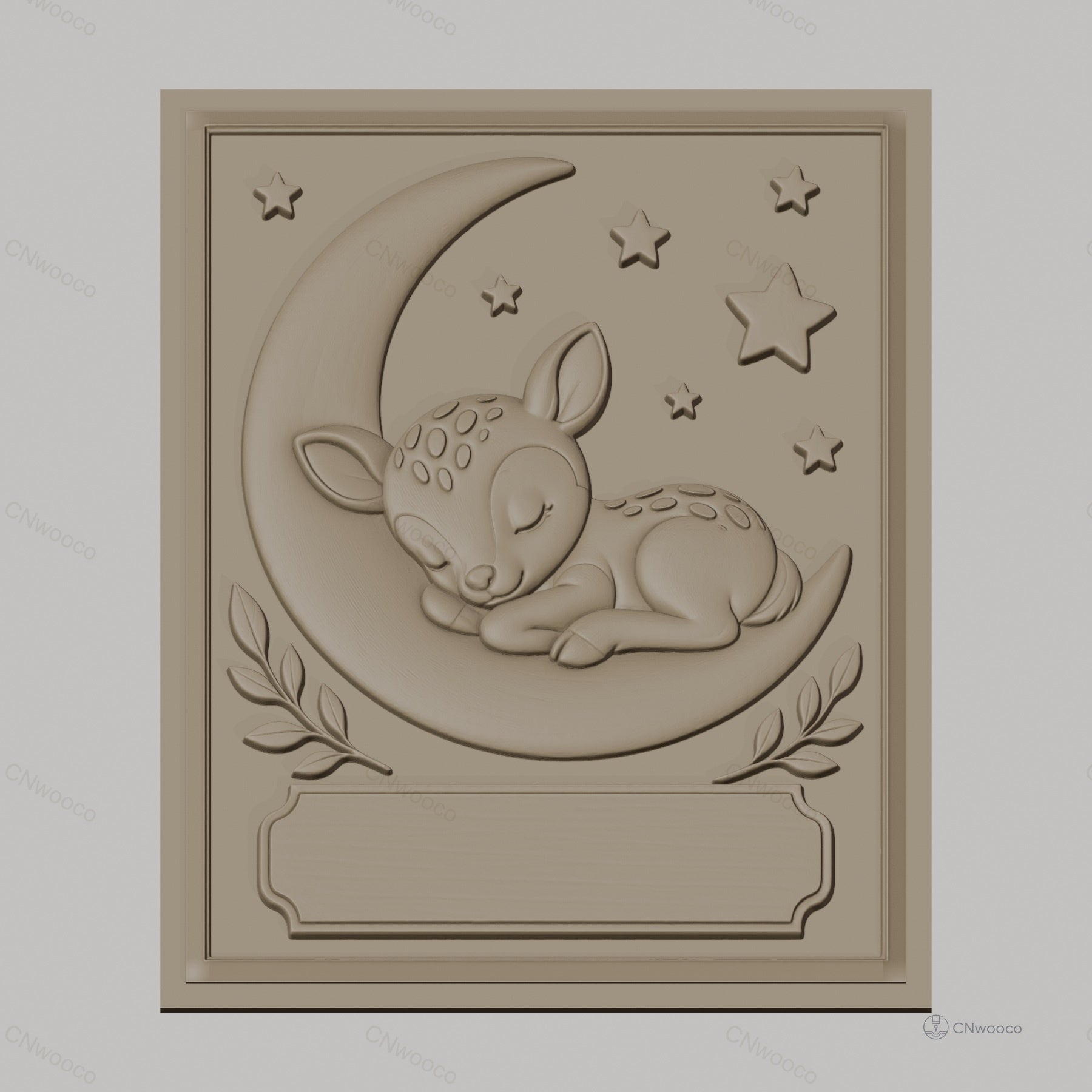 Fichier CNC & impression 3D bébé cerf endormi sur lune avec étoiles, branches décoratives, haute qualité relief STL
