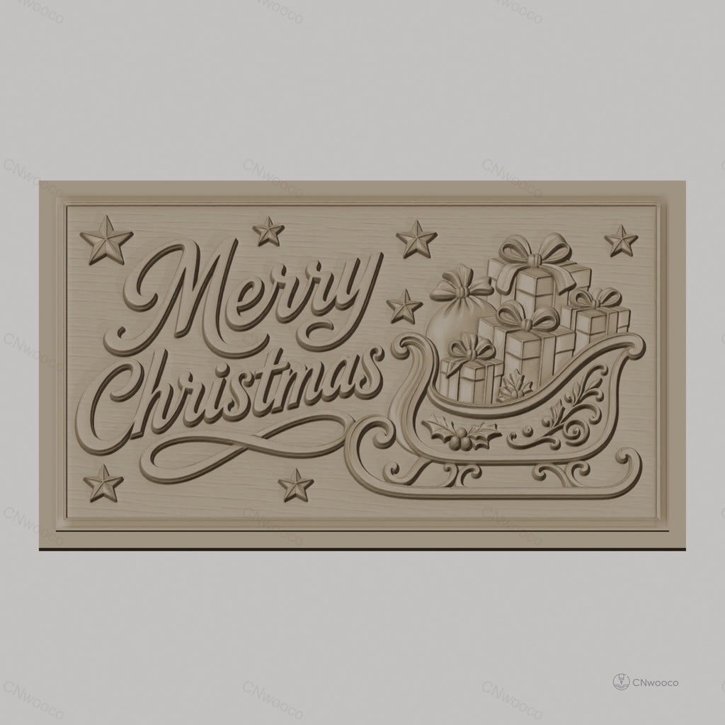 Fichier CNC & impression 3D Noël avec traîneau et cadeaux, étoiles décoratives, haute qualité relief STL