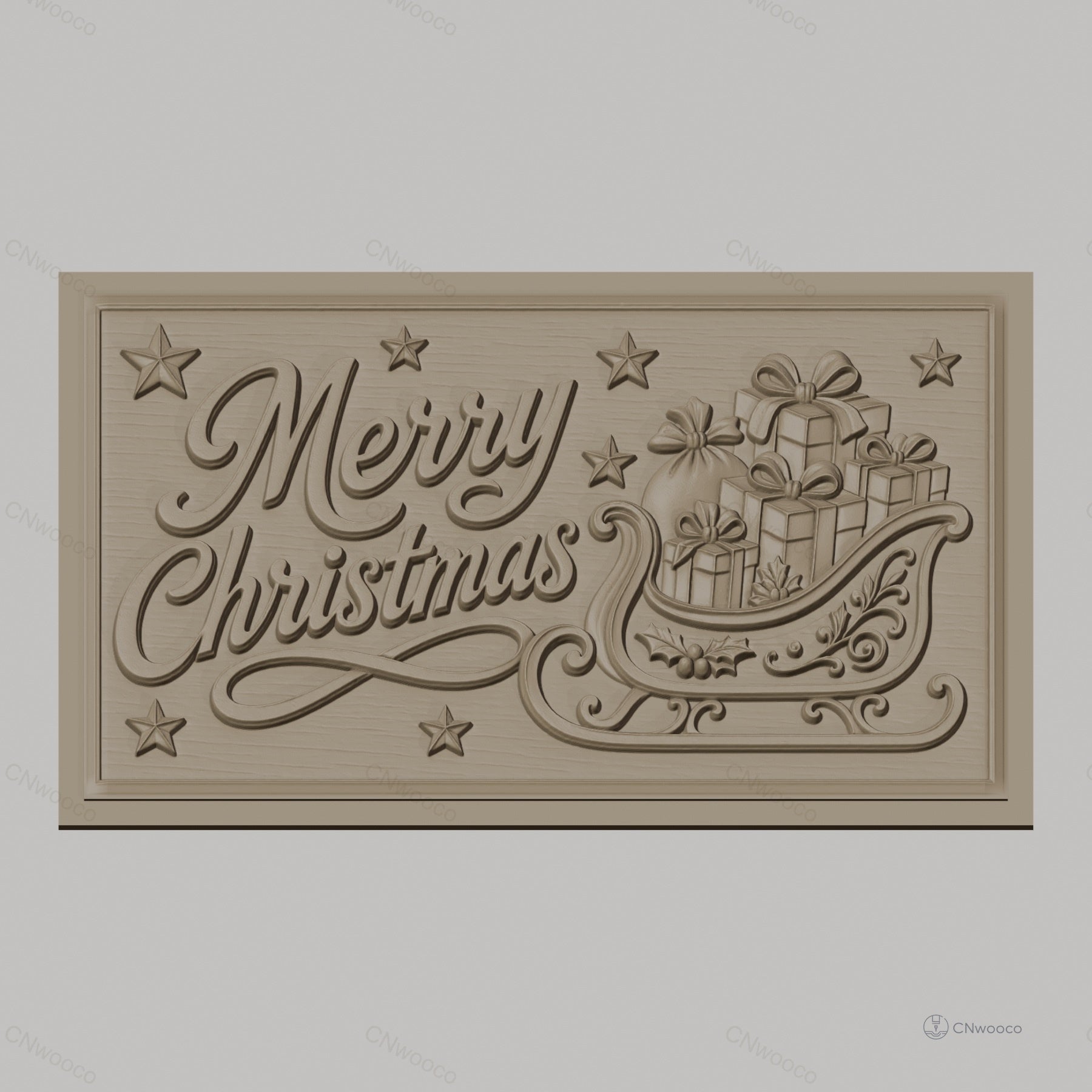 Fichier CNC & impression 3D Noël avec traîneau et cadeaux, étoiles décoratives, haute qualité relief STL