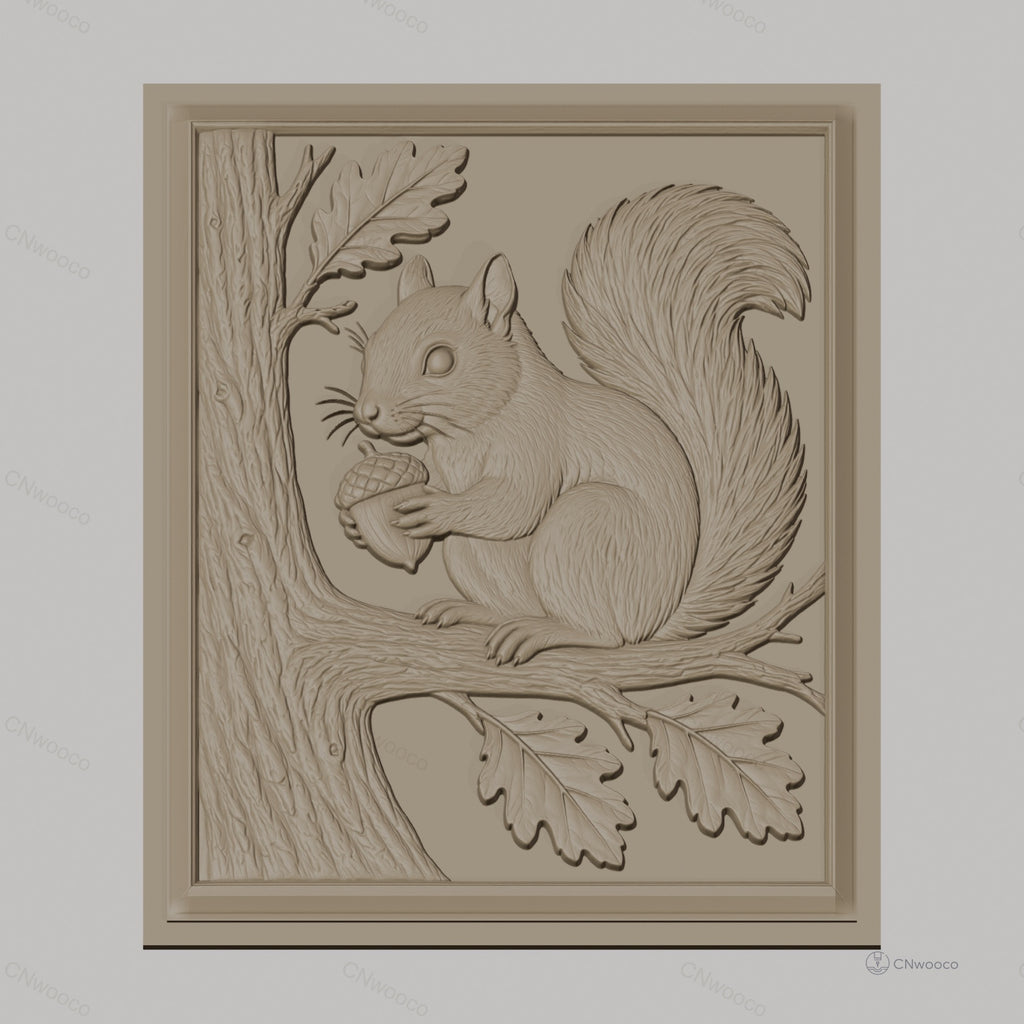 Fichier CNC & impression 3D écureuil, gland, branche et feuillage, haute qualité relief STL