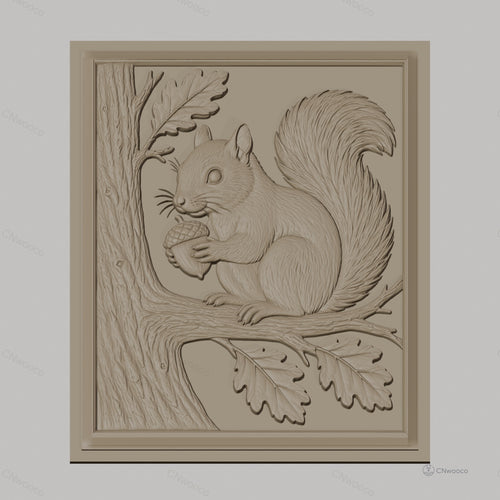 Fichier CNC & impression 3D écureuil, gland, branche et feuillage, haute qualité relief STL