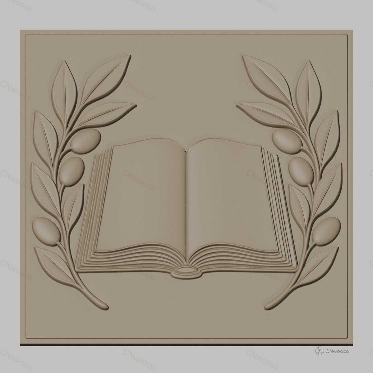 Fichier CNC & impression 3D livre ouvert et branches d'olivier, haute qualité relief STL