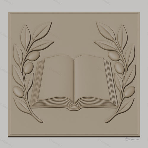 Fichier CNC & impression 3D livre ouvert et branches d'olivier, haute qualité relief STL