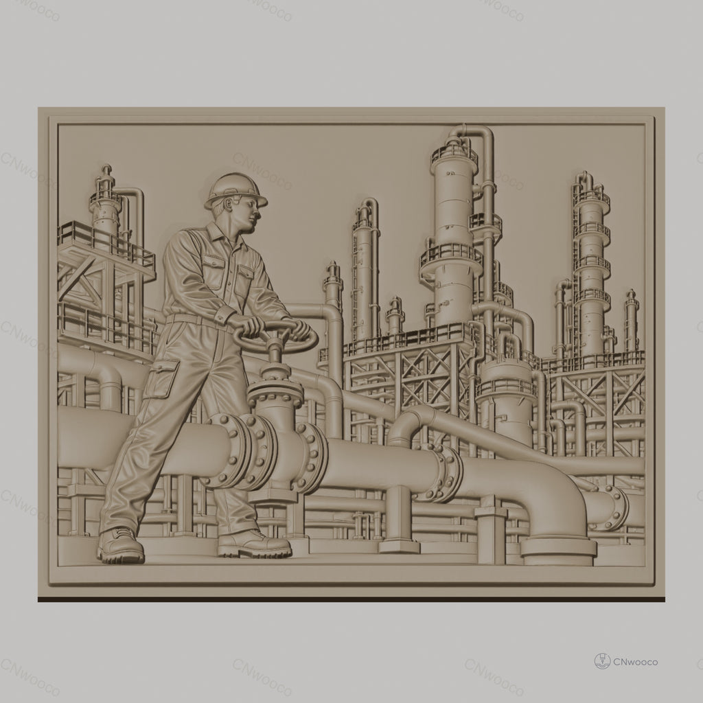 Fichier CNC & impression 3D industrie pétrochimique, ouvrier avec valve et tuyauterie complexe, haute qualité relief STL