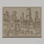 Fichier CNC & impression 3D industrie pétrochimique, ouvrier avec valve et tuyauterie complexe, haute qualité relief STL