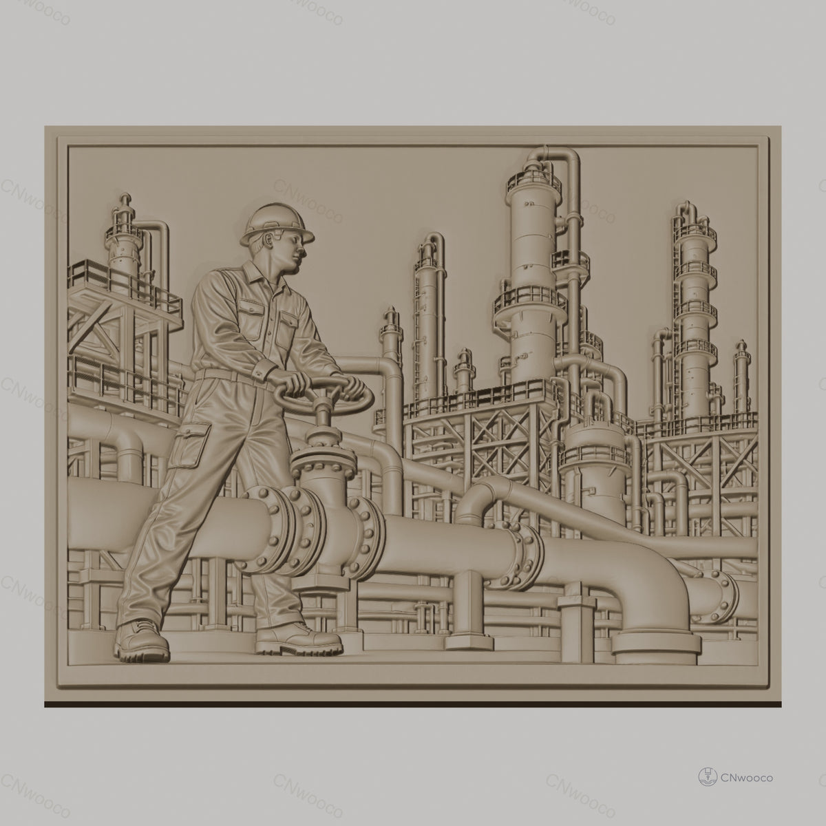 Fichier CNC & impression 3D industrie pétrochimique, ouvrier avec valve et tuyauterie complexe, haute qualité relief STL