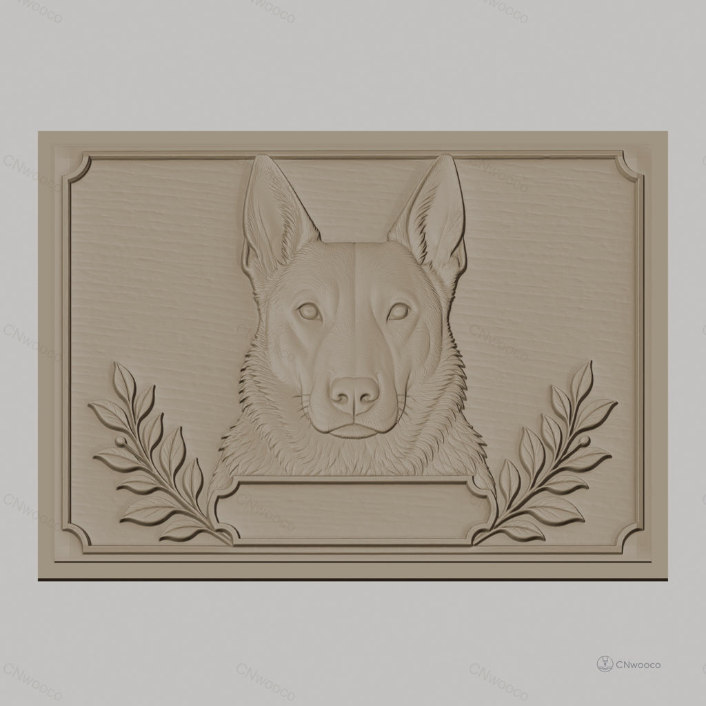 Fichier CNC & impression 3D chien berger, tête en relief avec branches décoratives, haute qualité relief STL