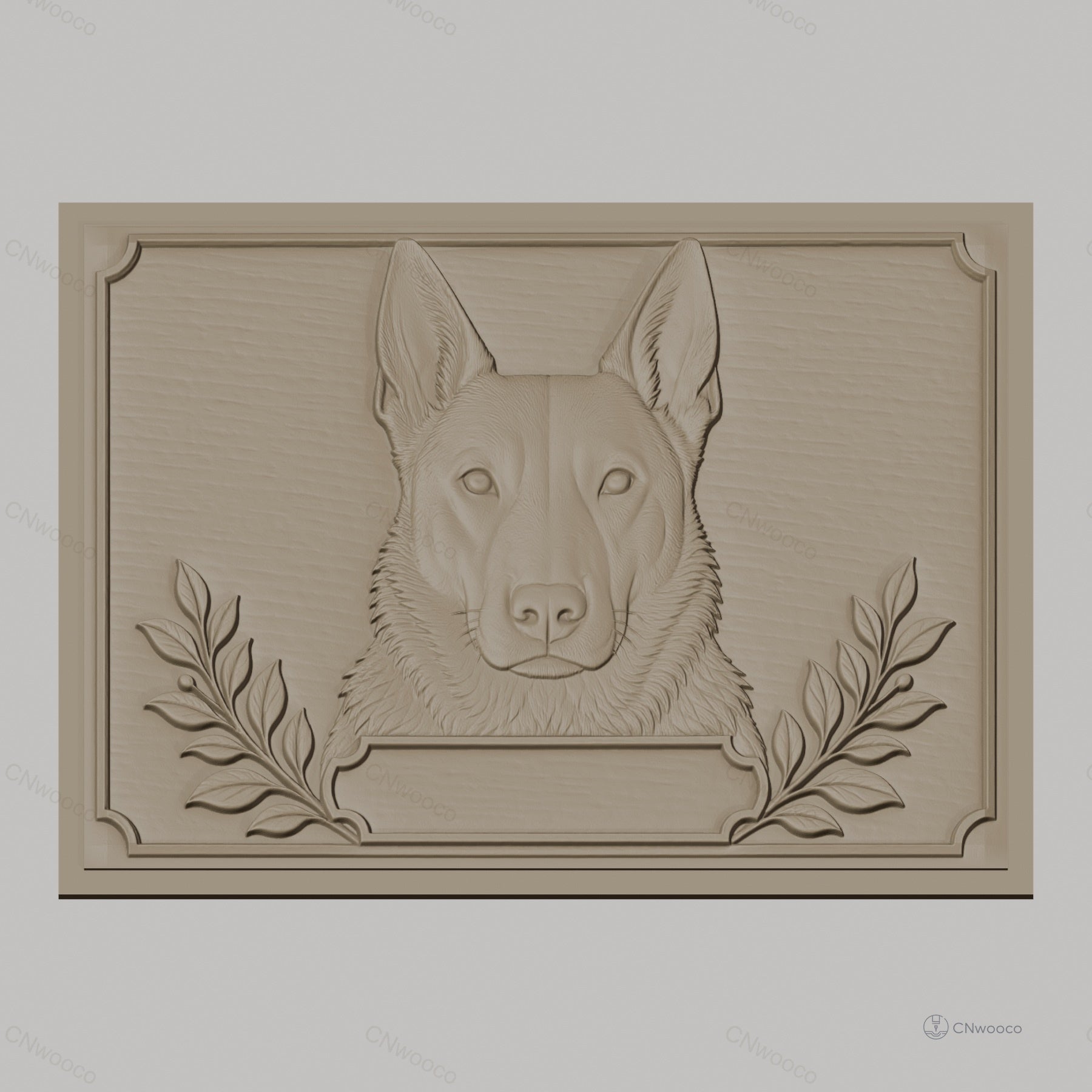 Fichier CNC & impression 3D chien berger, tête en relief avec branches décoratives, haute qualité relief STL