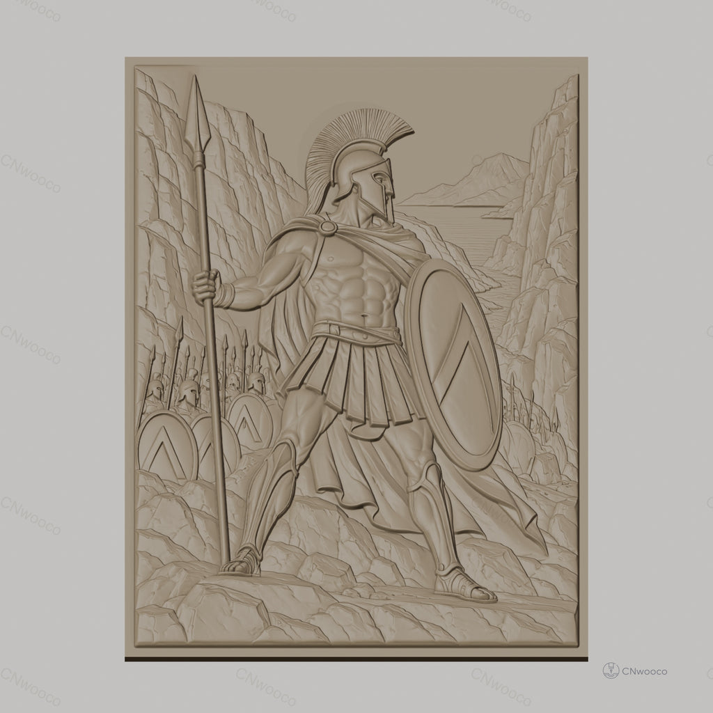 Fichier CNC & impression 3D guerrier spartiate, lance, bouclier, armée et paysage montagneux, haute qualité relief STL