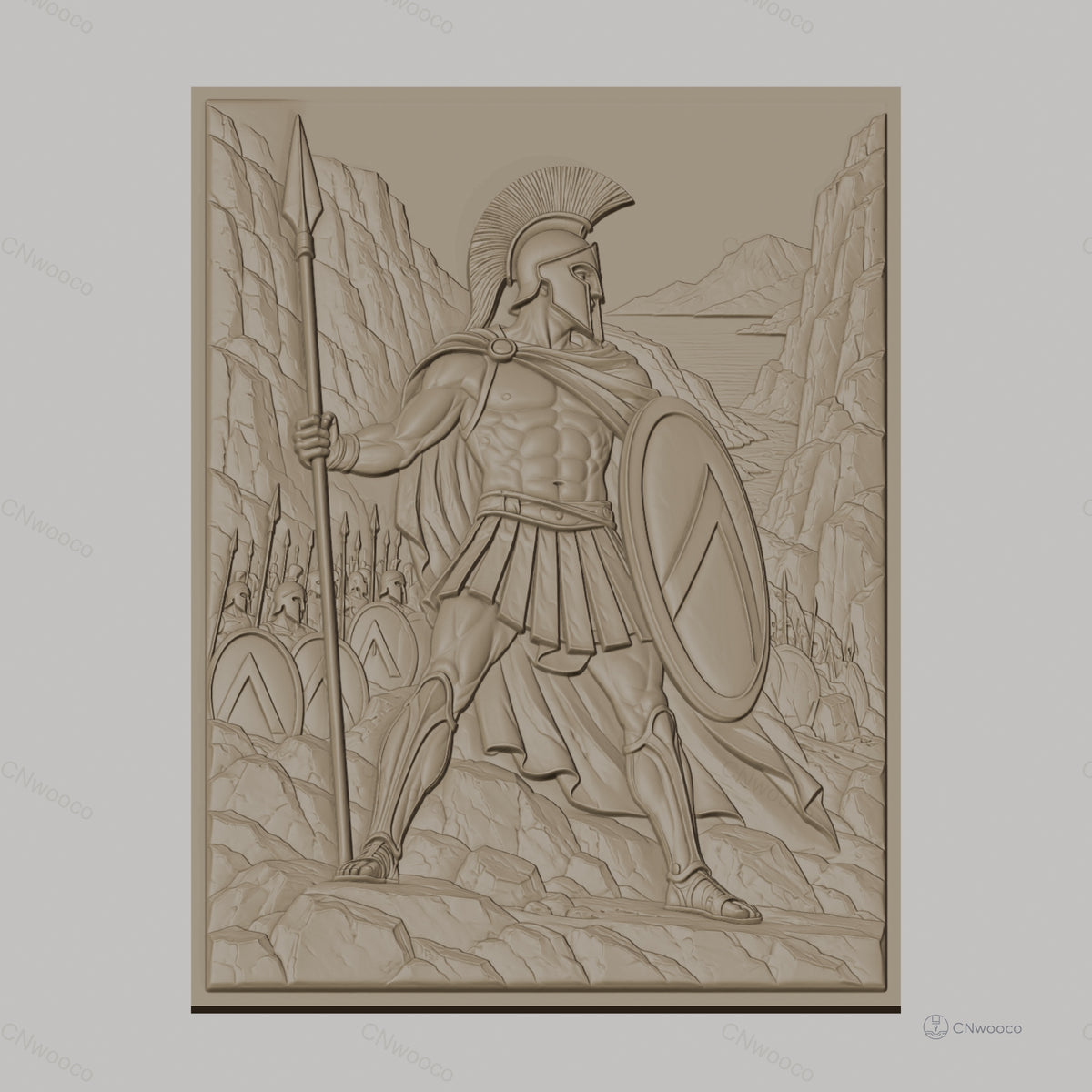 Fichier CNC & impression 3D guerrier spartiate, lance, bouclier, armée et paysage montagneux, haute qualité relief STL