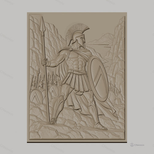 Fichier CNC & impression 3D guerrier spartiate, lance, bouclier, armée et paysage montagneux, haute qualité relief STL