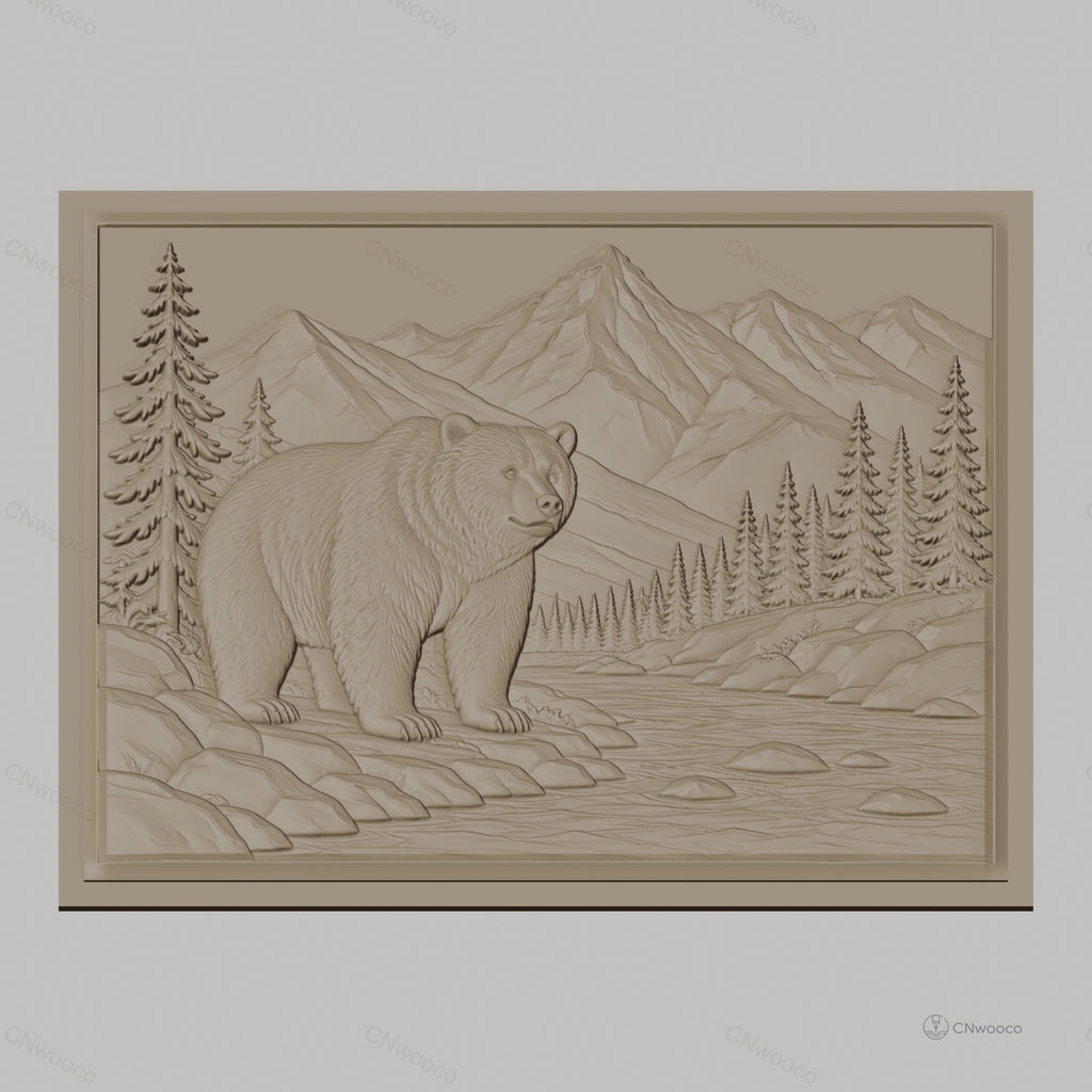 Fichier CNC & impression 3D relief ours, montagnes, rivière et pins, haute qualité relief STL