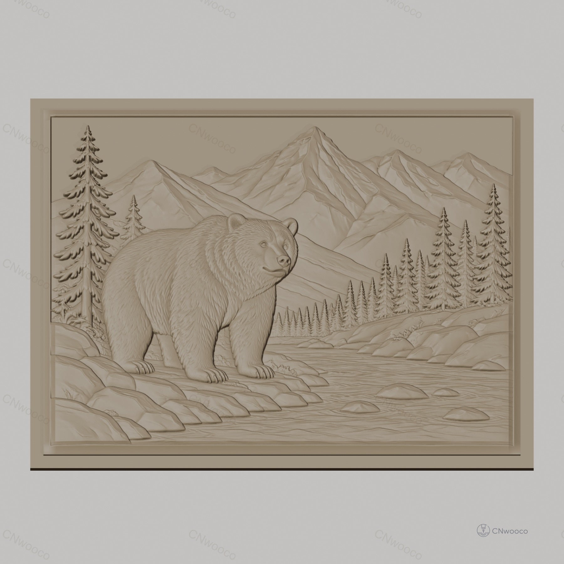 Fichier CNC & impression 3D relief ours, montagnes, rivière et pins, haute qualité relief STL