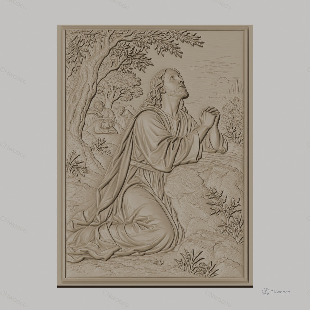 Fichier CNC & impression 3D Jésus en prière au jardin, arbres, disciples endormis, haute qualité relief STL