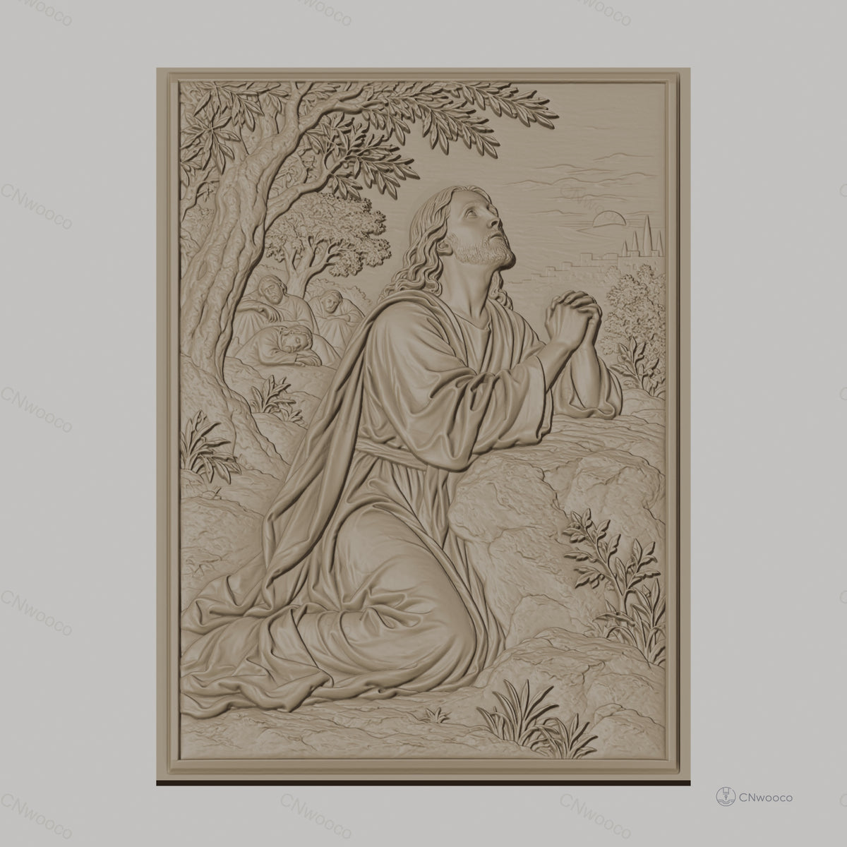 Fichier CNC & impression 3D Jésus en prière au jardin, arbres, disciples endormis, haute qualité relief STL
