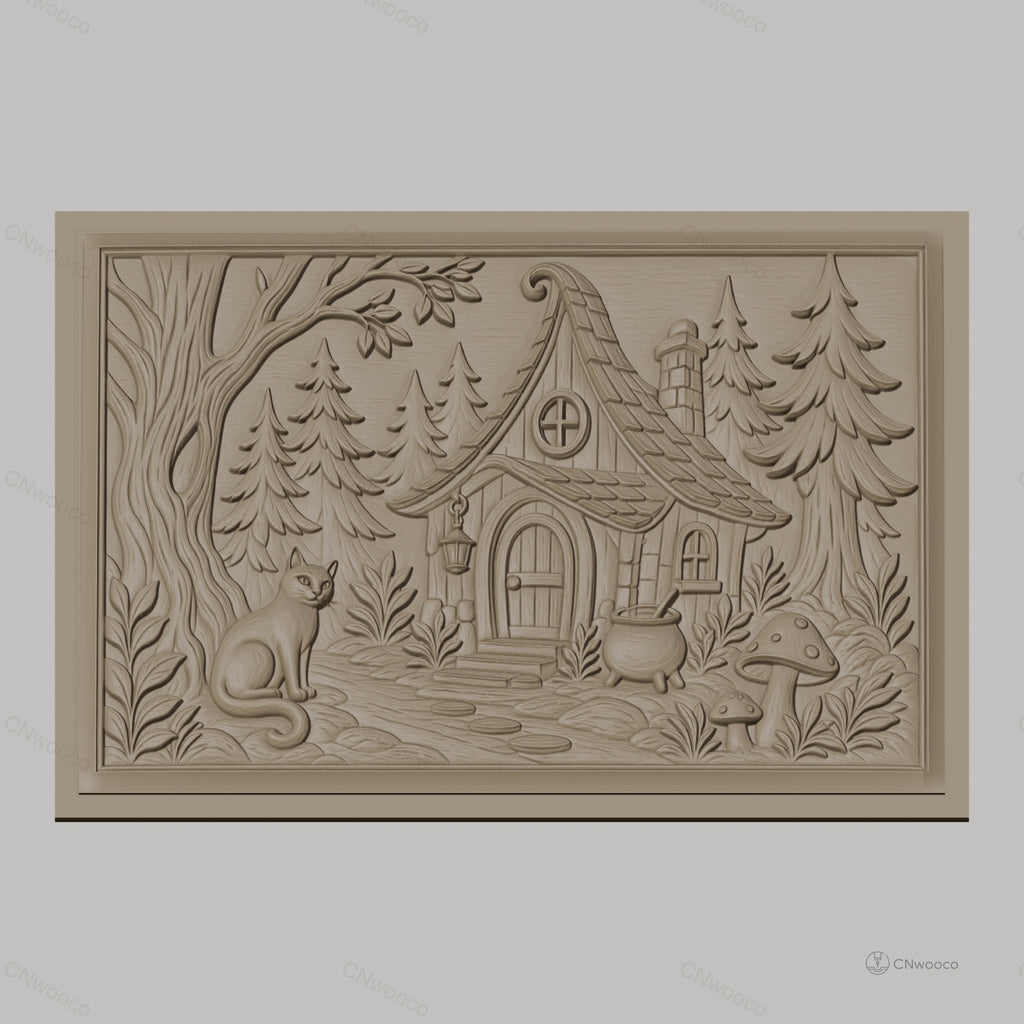 Fichier CNC & impression 3D maison de sorcière, chat, forêt et champignons, haute qualité relief STL