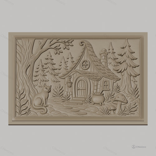 Fichier CNC & impression 3D maison de sorcière, chat, forêt et champignons, haute qualité relief STL