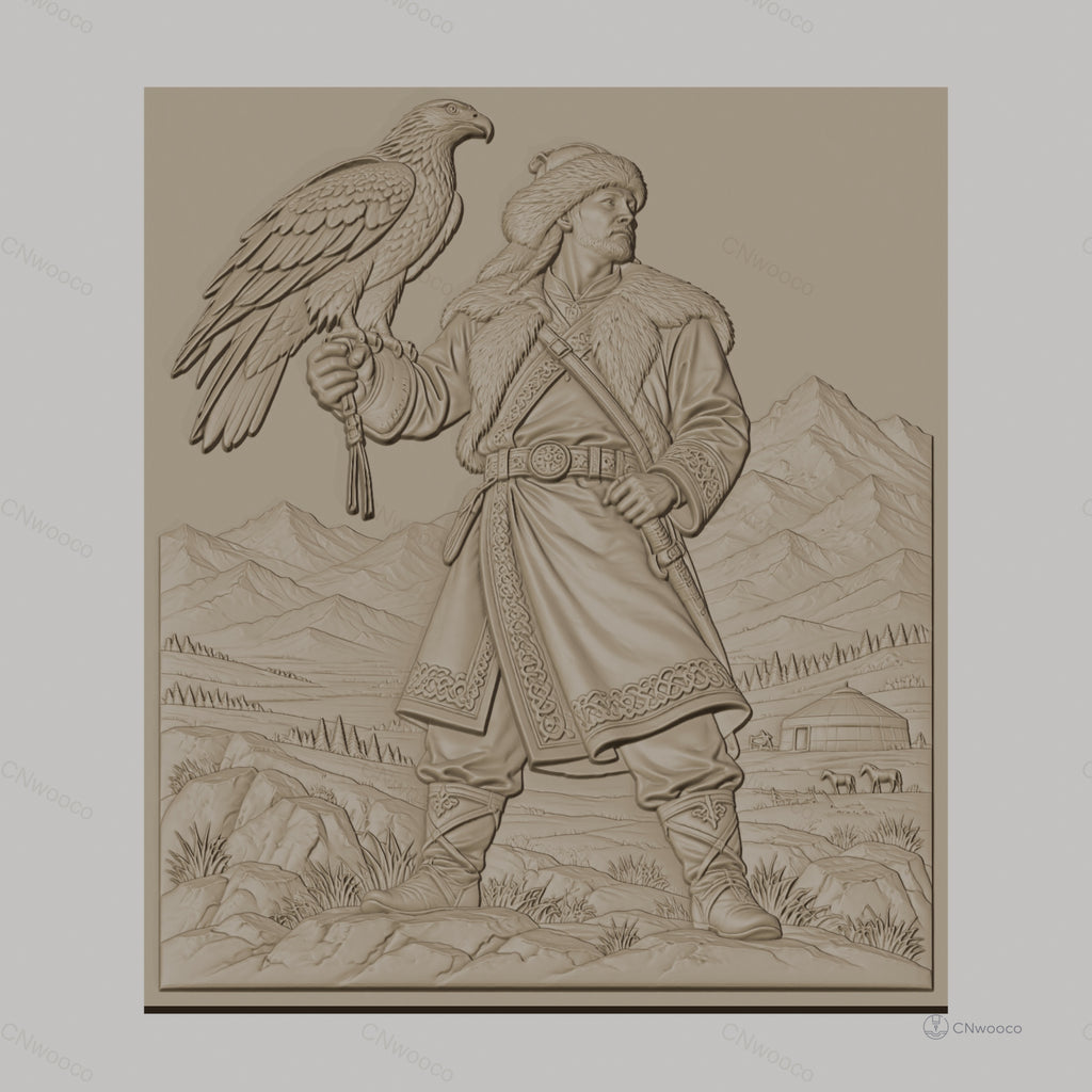 Fichier CNC & impression 3D guerrier mongol, homme en fourrure avec aigle et montagnes, haute qualité relief STL