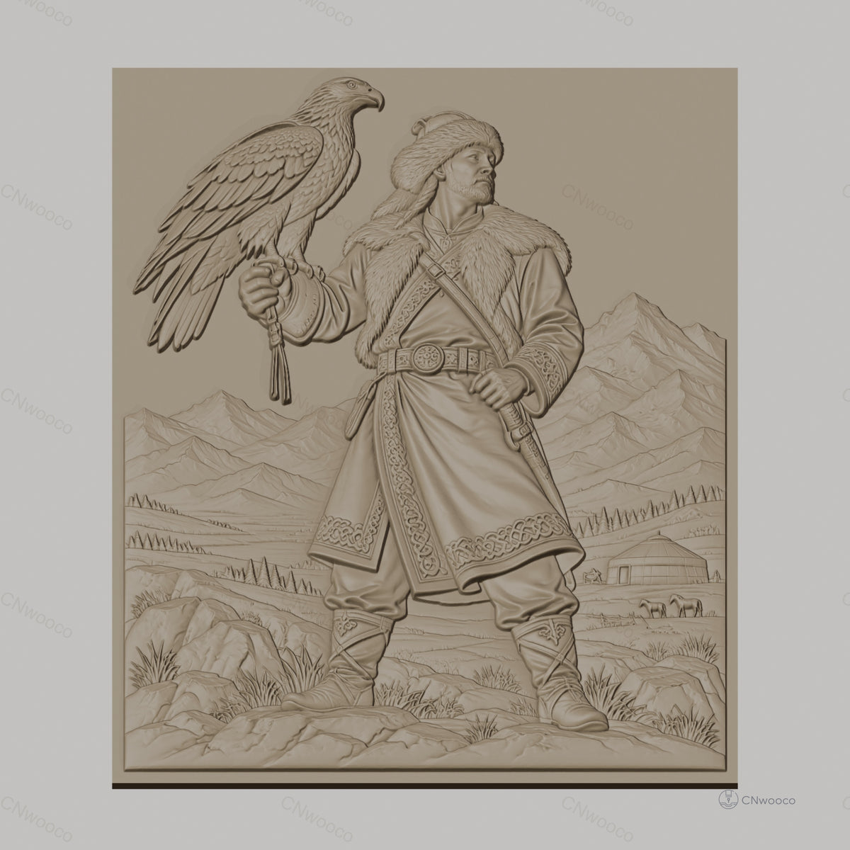 Fichier CNC & impression 3D guerrier mongol, homme en fourrure avec aigle et montagnes, haute qualité relief STL