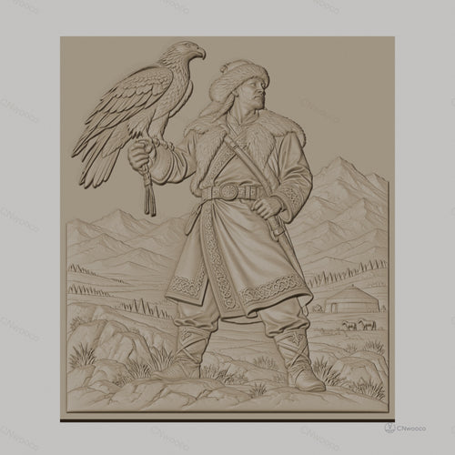 Fichier CNC & impression 3D guerrier mongol, homme en fourrure avec aigle et montagnes, haute qualité relief STL