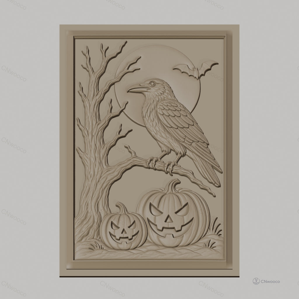 Fichier CNC & impression 3D Halloween, citrouilles, corbeau, arbre, chauve-souris, lune, haute qualité relief STL