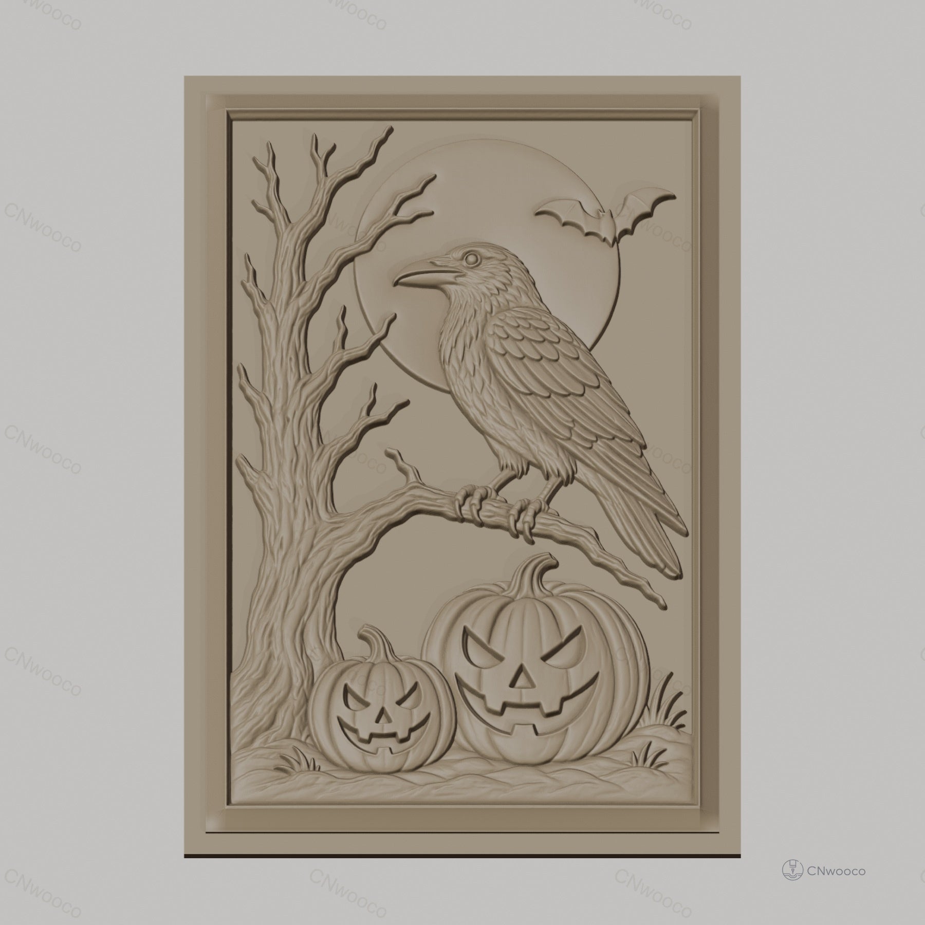 Fichier CNC & impression 3D Halloween, citrouilles, corbeau, arbre, chauve-souris, lune, haute qualité relief STL