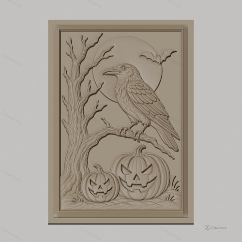 Fichier CNC & impression 3D Halloween, citrouilles, corbeau, arbre, chauve-souris, lune, haute qualité relief STL