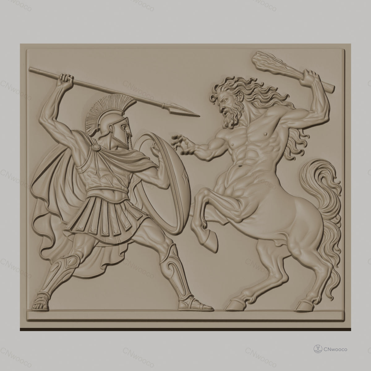 Fichier CNC & impression 3D guerrier spartiate et centaure, scène mythologique grecque, haute qualité relief STL
