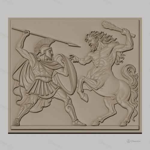 Fichier CNC & impression 3D guerrier spartiate et centaure, scène mythologique grecque, haute qualité relief STL