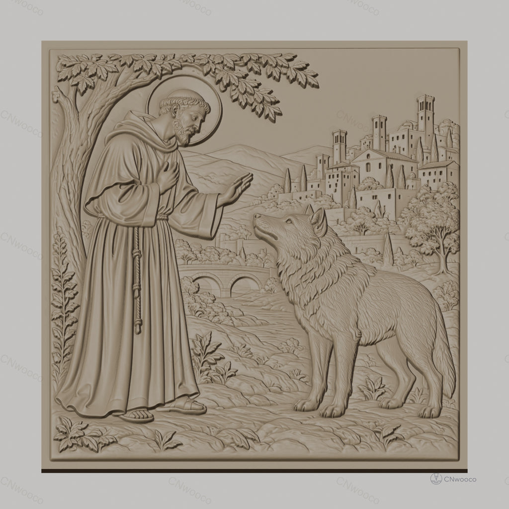 Fichier CNC & impression 3D Saint François d'Assise, loup, village médiéval, haute qualité relief STL