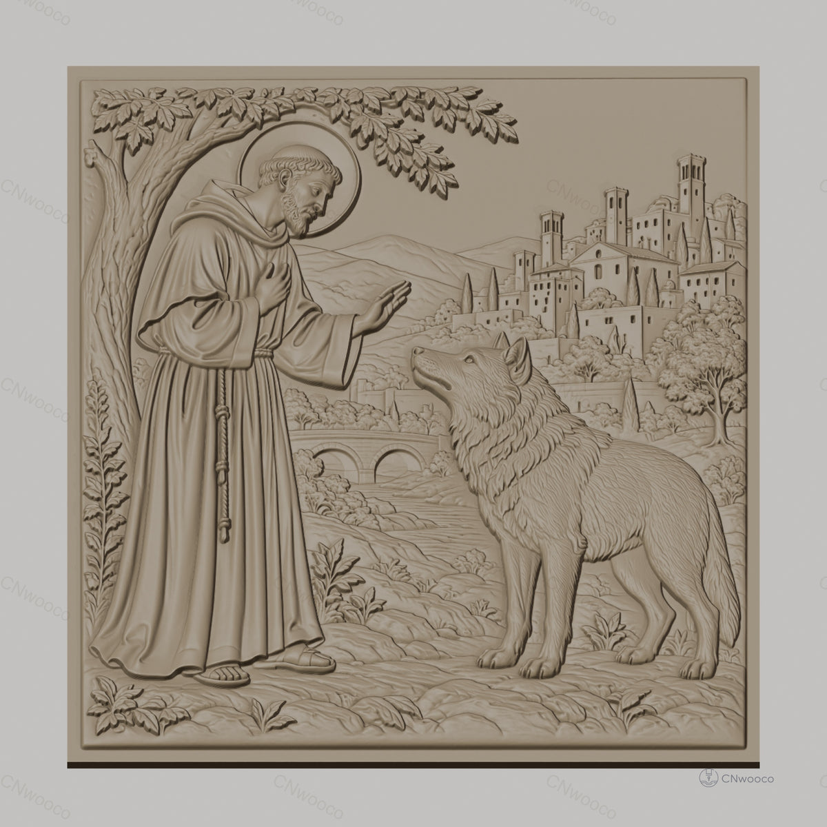 Fichier CNC & impression 3D Saint François d'Assise, loup, village médiéval, haute qualité relief STL