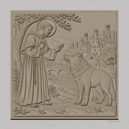 Fichier CNC & impression 3D Saint François d'Assise, loup, village médiéval, haute qualité relief STL